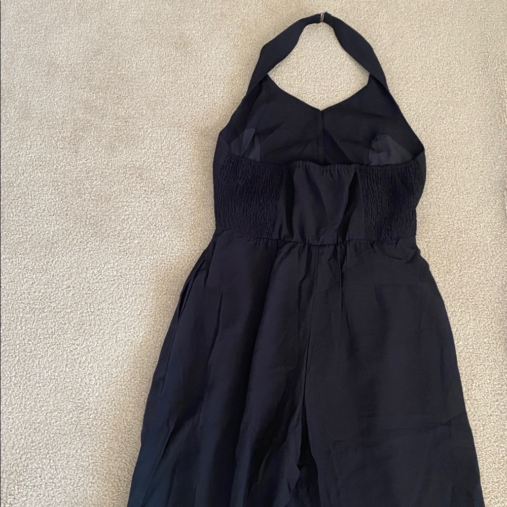 LARGE.  HALARA HALTER BACKLESS SHIRRED BUTTON WIDE LEG JUMPSUIT - Picture 10 of 11